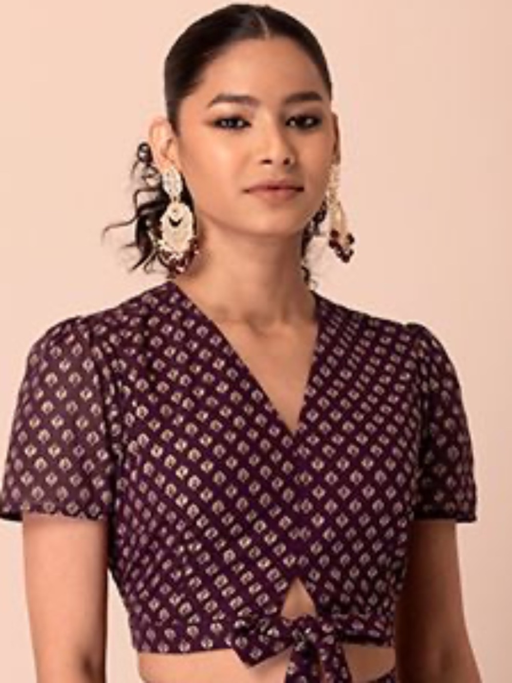 Purple Floral Foil Print Knotted Crop Top